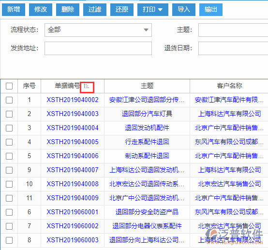 銷售退貨導入表格列表排序