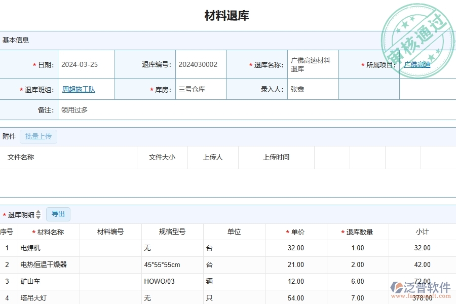 四、泛普軟件-公路工程管理系統(tǒng)在材料退庫明細查詢中的解決方案