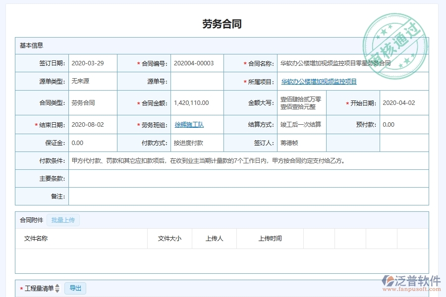 泛普軟件-弱電工程管理系統(tǒng)中勞務(wù)合同管理中的注意事項