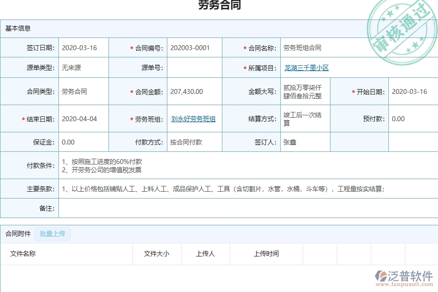 泛普軟件-弱電工程管理系統(tǒng)在勞務合同明細報表中的解決方案