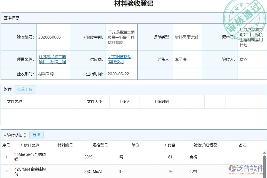 三、泛普軟件-幕墻工程企業(yè)管理系統(tǒng)中的材料驗(yàn)收列表主要內(nèi)容