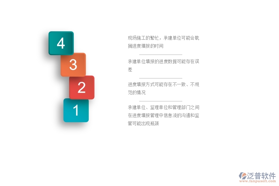 　　一、公路工程企業(yè)在進(jìn)度列表管理過程中存在的問題有哪些  　　1、現(xiàn)場(chǎng)施工的繁忙，承建單位可能會(huì)耽擱進(jìn)度填報(bào)的時(shí)間，導(dǎo)致監(jiān)理單位和管理部門不能及時(shí)掌握項(xiàng)目的整體進(jìn)度情況。  　　2、承建單位填報(bào)的進(jìn)度數(shù)據(jù)可能存在誤差，如進(jìn)度節(jié)點(diǎn)的處理和審核不準(zhǔn)確，影響項(xiàng)目進(jìn)度的跟蹤和管理。  　　3、進(jìn)度填報(bào)方式可能存在不一致、不規(guī)范的情況，如進(jìn)度條目的格式不正確，起始時(shí)間和結(jié)束時(shí)間不清晰等，給后續(xù)數(shù)據(jù)處理和分析帶來困難。  　　4、在進(jìn)度填報(bào)過程中可能沒有及時(shí)記錄，無法追溯，導(dǎo)致后期數(shù)據(jù)統(tǒng)計(jì)與分析時(shí)無法確定具體的數(shù)據(jù)參考來源。  　　5、可能出現(xiàn)漏填、遺漏或者不完整的情況，導(dǎo)致數(shù)據(jù)處理不準(zhǔn)確，影響后續(xù)工作的提前預(yù)警、異常處理和決策分析。  　　6、承建單位、監(jiān)理單位和管理部門之間在進(jìn)度填報(bào)管理中信息流的溝通和監(jiān)管可能出現(xiàn)瓶頸，導(dǎo)致監(jiān)管難度加大，進(jìn)度管理效果下降。  　　二、泛普軟件-公路工程企業(yè)系統(tǒng)中進(jìn)度列表管理的管控點(diǎn)  　　1、制定進(jìn)度填報(bào)的標(biāo)準(zhǔn)格式，包括條目名稱、填寫格式、單位規(guī)定等，確保各方填報(bào)數(shù)據(jù)的格式一致性和標(biāo)準(zhǔn)化。  　　2、明確進(jìn)度填報(bào)的責(zé)任人和責(zé)任部門，細(xì)化填報(bào)流程和進(jìn)度監(jiān)管機(jī)制，確保進(jìn)度數(shù)據(jù)的完整性和準(zhǔn)確性。  　　3、采用信息化手段，如進(jìn)度管理系統(tǒng)、移動(dòng)App等，實(shí)現(xiàn)企業(yè)信息化管理和數(shù)據(jù)共享，促進(jìn)信息共享和協(xié)同工作。  　　4、在現(xiàn)場(chǎng)設(shè)立進(jìn)度填報(bào)點(diǎn)，配備專人跟蹤填報(bào)進(jìn)度數(shù)據(jù)，并對(duì)填報(bào)數(shù)據(jù)進(jìn)行審核和公示，有效控制填報(bào)數(shù)據(jù)的準(zhǔn)確性和實(shí)時(shí)性。  　　5、對(duì)進(jìn)度數(shù)據(jù)進(jìn)行分析，及時(shí)發(fā)現(xiàn)進(jìn)度異常情況并進(jìn)行預(yù)警和處理，以便保證項(xiàng)目進(jìn)度的正常推進(jìn)和提高施工效率。  　　6、將進(jìn)度填報(bào)數(shù)據(jù)進(jìn)行歸檔，建立進(jìn)度數(shù)據(jù)檔案庫(kù)，方便后期數(shù)據(jù)的查找和溯源，也便于后續(xù)的經(jīng)驗(yàn)總結(jié)和管理優(yōu)化。  　　三、泛普軟件-公路工程系統(tǒng)中進(jìn)度列表管理的技術(shù)優(yōu)勢(shì)  　　1、提高數(shù)據(jù)處理和分析的效率，實(shí)現(xiàn)實(shí)時(shí)數(shù)據(jù)共享和協(xié)同工作，減少重復(fù)工作和數(shù)據(jù)錯(cuò)誤，提升工作效率和施工質(zhì)量。  　　2、相較于傳統(tǒng)手工填寫，數(shù)據(jù)的準(zhǔn)確性和實(shí)時(shí)性得到了很大程度上的提升，能夠更為精準(zhǔn)地掌握項(xiàng)目進(jìn)度的狀態(tài)，提升項(xiàng)目和施工質(zhì)量。  　　3、通過數(shù)據(jù)歸檔和建立數(shù)據(jù)檔案庫(kù)的方式，將填報(bào)的數(shù)據(jù)進(jìn)行歸檔，能夠方便后續(xù)的數(shù)據(jù)查找、溯源和數(shù)據(jù)分析，為后續(xù)工作提供數(shù)據(jù)支撐和決策依據(jù)。  　　4、實(shí)現(xiàn)不同部門和人員之間的信息共享和協(xié)同工作，能夠減少信息孤島和信息壁壘的出現(xiàn)，提高協(xié)同工作效率和施工質(zhì)量。  　　5、及時(shí)發(fā)現(xiàn)和處理施工過程中的問題和風(fēng)險(xiǎn)，及時(shí)調(diào)整和優(yōu)化施工進(jìn)度和資源配置，提高工作流程和管理效率。  　　四、泛普軟件-公路工程管理系統(tǒng)在進(jìn)度列表中的解決方案  　　1、數(shù)據(jù)采集：通過系統(tǒng)采集設(shè)備監(jiān)測(cè)、人員作業(yè)等數(shù)據(jù)，實(shí)現(xiàn)數(shù)據(jù)自動(dòng)化和準(zhǔn)確性。  　　2、進(jìn)度分解：將工程項(xiàng)目按工序分解成多個(gè)節(jié)點(diǎn)，通過進(jìn)度管理系統(tǒng)進(jìn)行進(jìn)度規(guī)劃，確定各工序的計(jì)劃開始時(shí)間、結(jié)束時(shí)間、工期等信息，形成進(jìn)度計(jì)劃表。  　　3、進(jìn)度跟蹤：通過實(shí)時(shí)監(jiān)控工程進(jìn)度，對(duì)進(jìn)度偏差情況進(jìn)行預(yù)警和報(bào)警，及時(shí)調(diào)整進(jìn)度計(jì)劃，保證施工工序按照計(jì)劃有序進(jìn)行。  　　4、進(jìn)度協(xié)同：系統(tǒng)內(nèi)部溝通協(xié)作，實(shí)現(xiàn)不同人員、部門的進(jìn)度信息共享和協(xié)同工作，減少信息重復(fù)填寫和過時(shí)的情況，提高工作效率。  　　5、進(jìn)度分析：通過進(jìn)度數(shù)據(jù)分析，快速判斷工程進(jìn)度的偏差情況和原因，對(duì)進(jìn)度延誤和提前因素進(jìn)行分析和處理，提高工程質(zhì)量和效益。  　　6、進(jìn)度報(bào)告：根據(jù)進(jìn)度數(shù)據(jù)生成報(bào)表和圖表，實(shí)現(xiàn)進(jìn)度數(shù)據(jù)的可視化展示，為管理決策提供數(shù)據(jù)支撐。