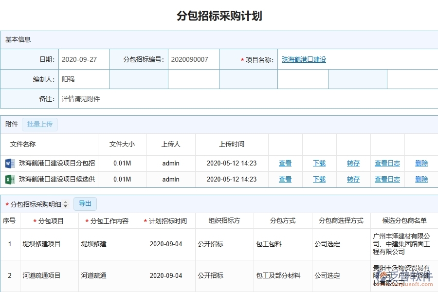 泛普軟件-路橋工程管理系統(tǒng)在分包招標(biāo)采購計(jì)劃查詢中的應(yīng)用場景