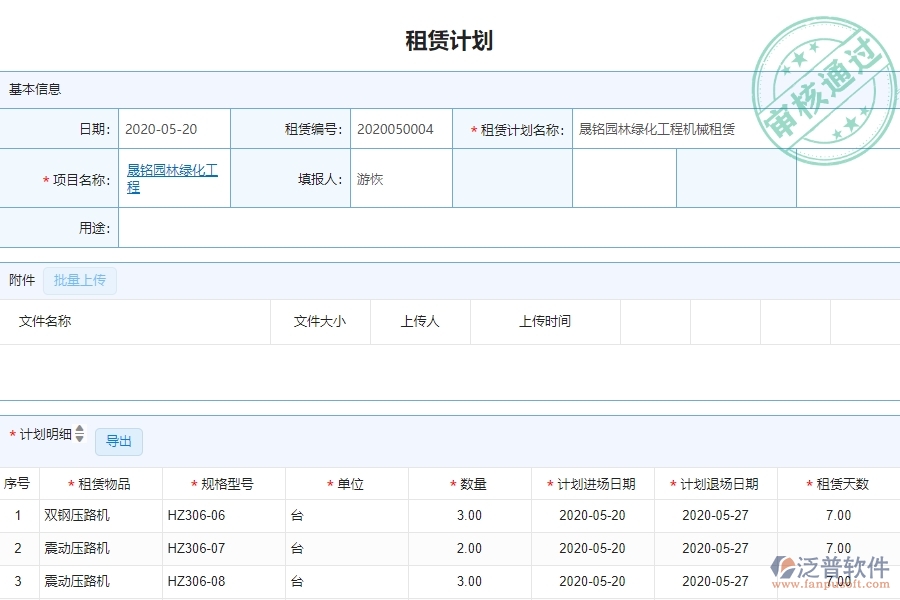 三、泛普軟件-園林工程企業(yè)管理系統(tǒng)中租賃計(jì)劃列表的管控點(diǎn)