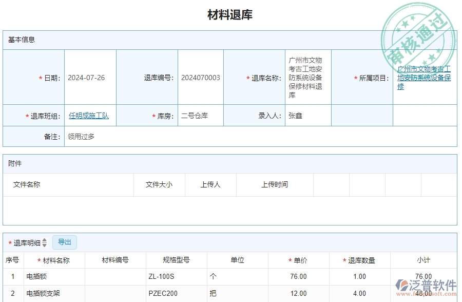 三、泛普軟件-安防工程企業(yè)管理系統(tǒng)材料退庫(kù)明細(xì)查詢(xún)的管控點(diǎn)及作用